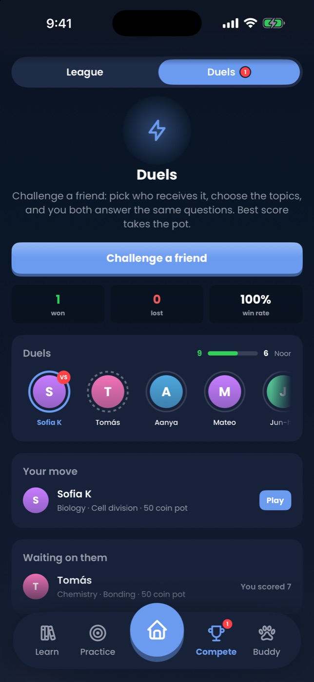 Duels page with a challenge button, win record and duels waiting on you