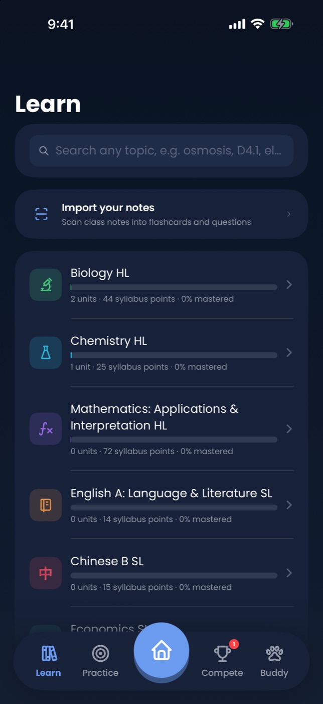 Learn tab with subjects and mastery