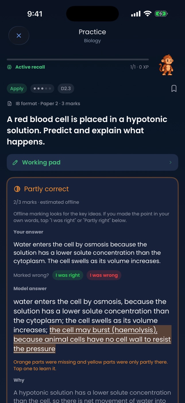 A Biology answer marked 2 out of 3, with the missing point highlighted in the model answer