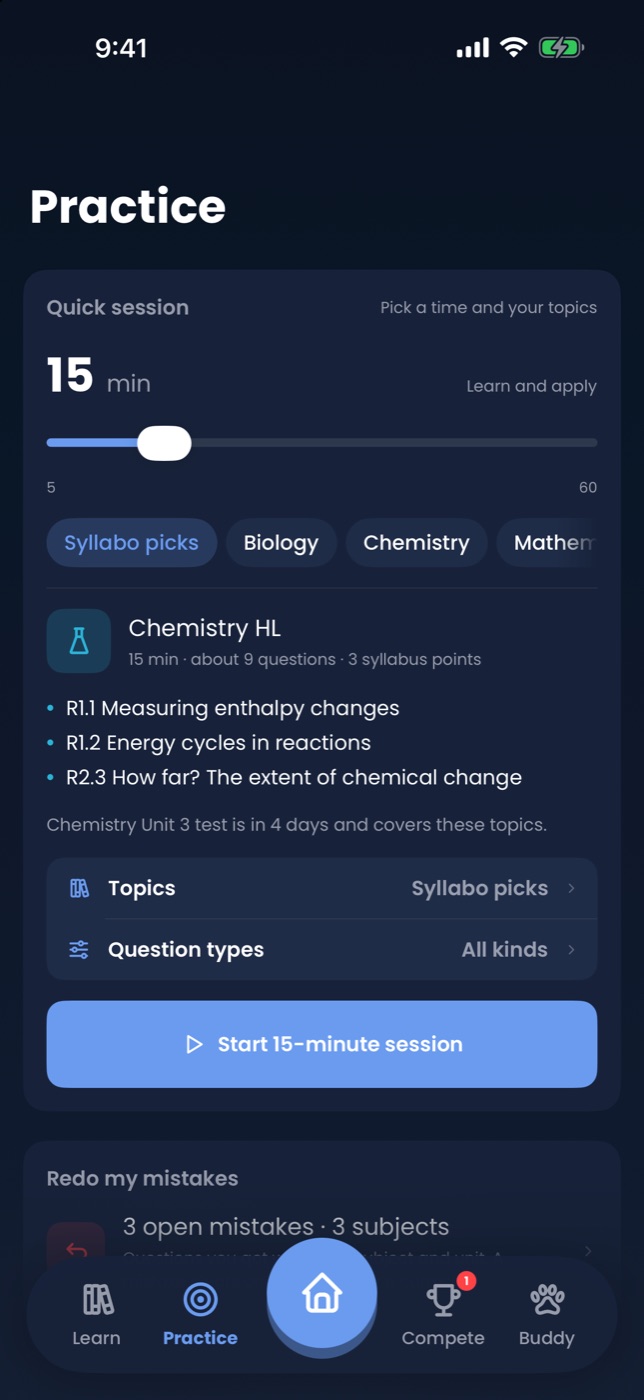 Practice tab with duration slider and practice modes