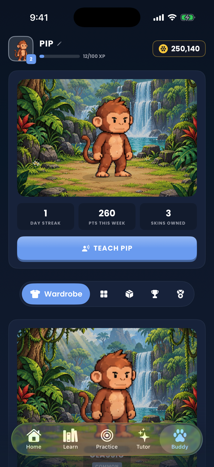 Buddy tab with a skin and its illustrated background
