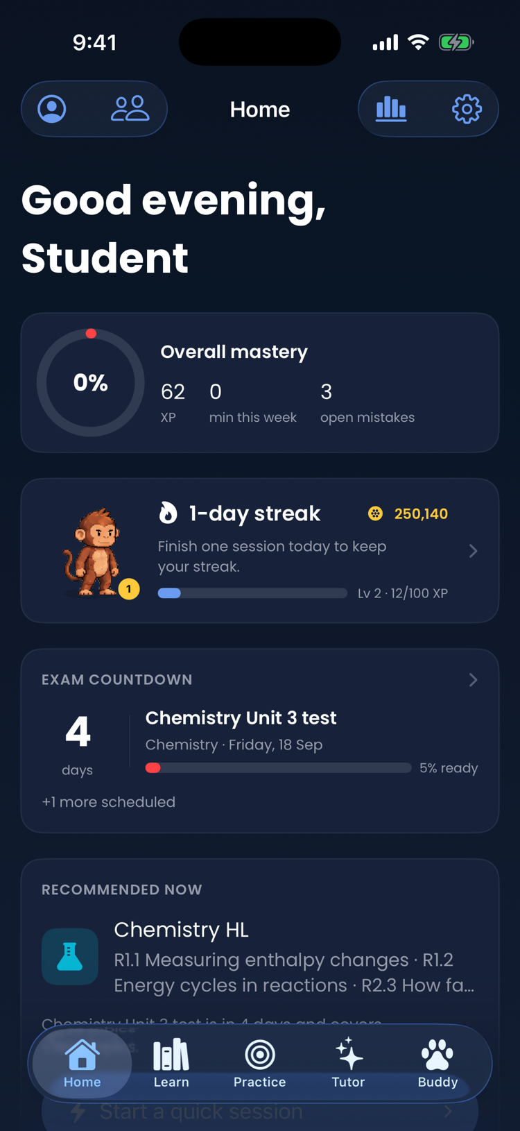 Syllabo home screen in the navy theme, showing mastery, streak, exam countdown and a recommended session