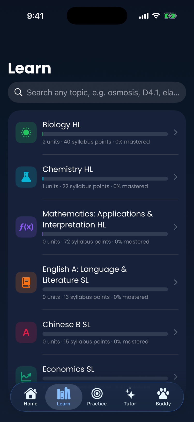 Learn tab with subjects and mastery