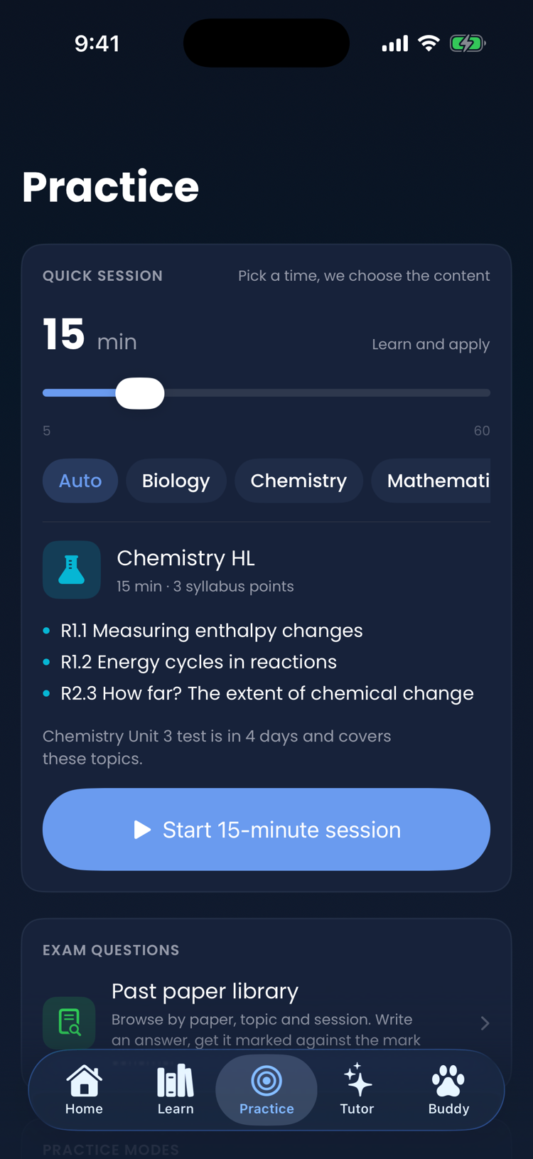 Practice tab with duration slider and practice modes